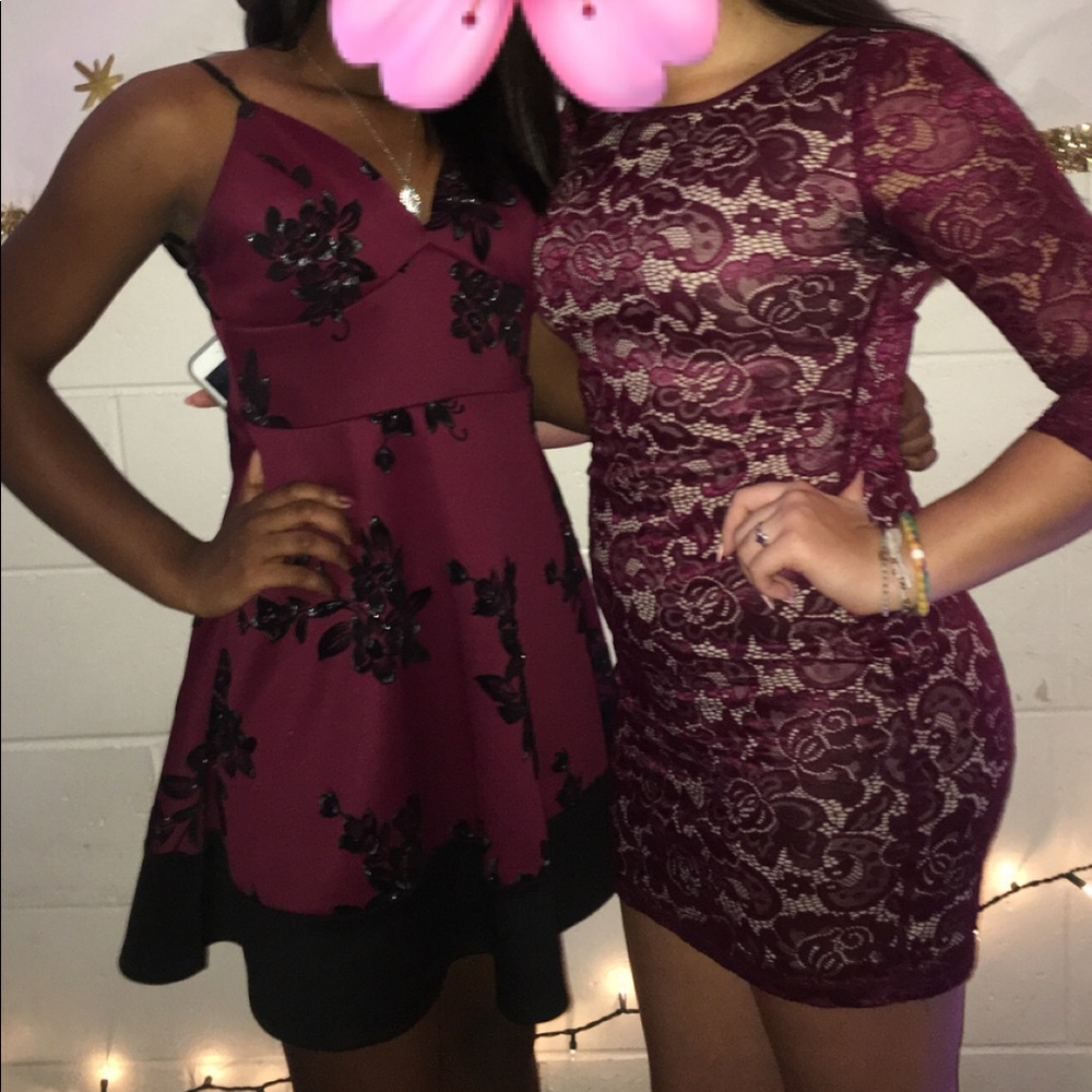 Maroon and black floral dress on the left!